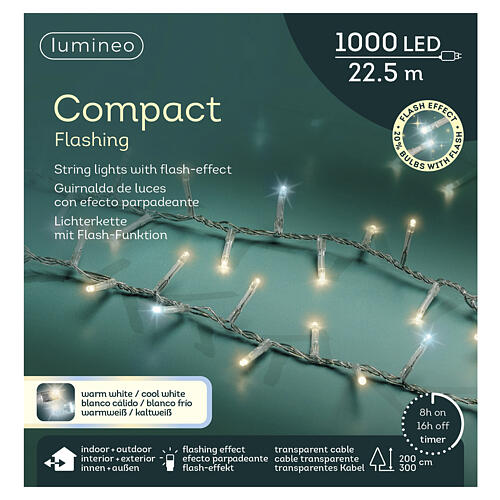 Compact string lights for Christmas tree, indoor/outdoor, 1000 warm white and cool white LEDs, 74 ft 3