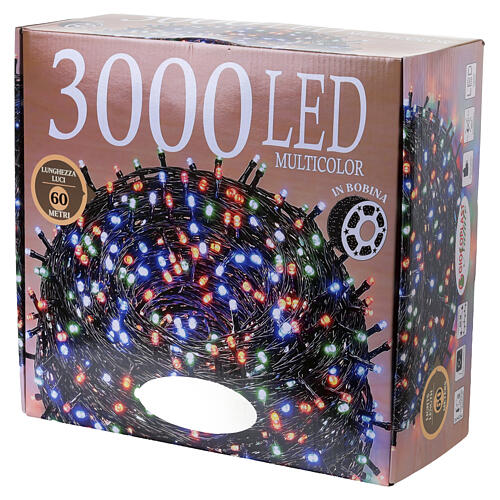 Catena luminosa 3000 LED multicolor con giochi di luce 60 mt cavo scuro 6