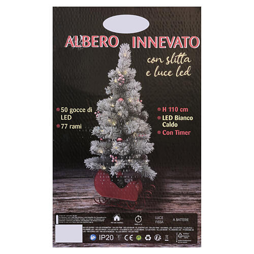 Sapin enneigé décoré avec luge rouge 50 LEDs à piles 110 cm 4