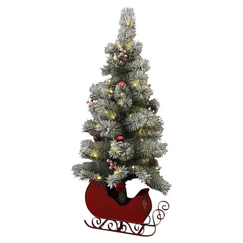 Árvore de Natal nevada decorada com trenó vermelho LED a pilhas 110 cm 3