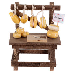 Marktstand mit Käse, Schneidebrett und Messer, neapolitanische Krippe, für 10 cm Krippe – 10 × 10 × 5 cm