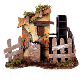 Neapolitan water mill nativity scene 10-12 cm, brick and wood setting, dimensions 15x20x15 cm