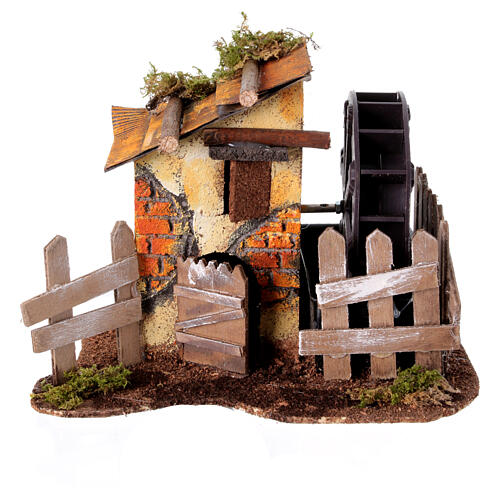 Neapolitan water mill nativity scene 10-12 cm, brick and wood setting, dimensions 15x20x15 cm 1