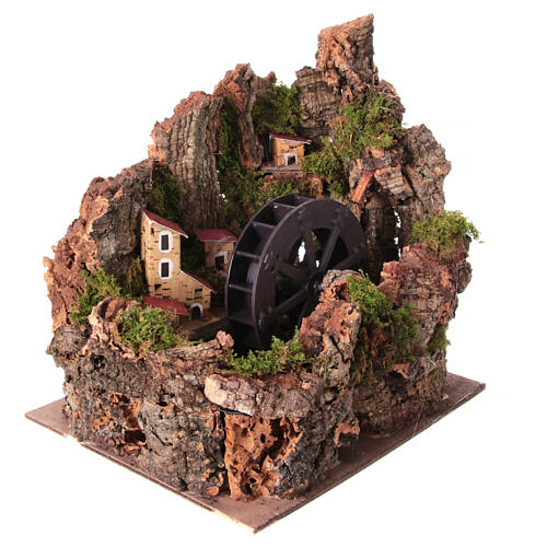 Wodny młyn z wioską do szopki neapolitańskiej 10-12 cm, z pompą, 25x25x20 cm 4