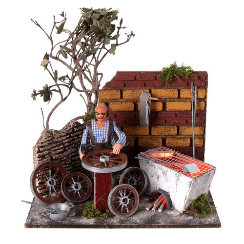 Krippenszene, Schmiedewerkstatt mit Bewegung und Feuer – neapolitanischer Stil, 10 cm Krippe, 20×20×20 cm 1
