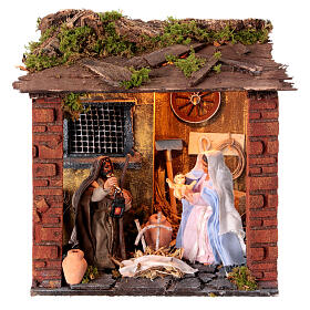 18th-century style Holy Family Nativity with movement, 10 cm Neapolitan stable, 20x20x20 cm