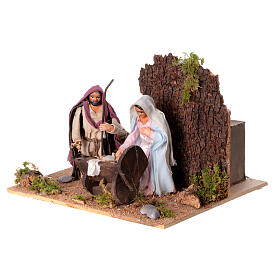 Animated Holy Family nativity, 18th century Neapolitan style, 10 cm rock, manger, 15x20x20 cm