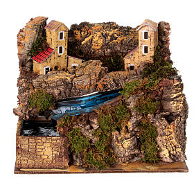 Scena z potokiem dla szopki neapolitańskiej 10-12 cm, zróżnicowane domki, 20x20x15 cm