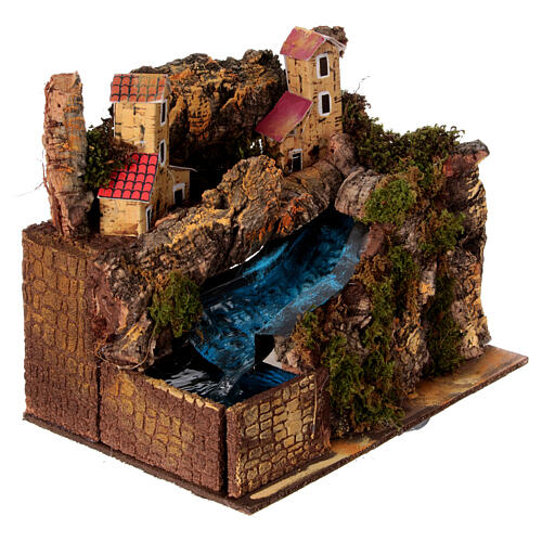 Scena z potokiem dla szopki neapolitańskiej 10-12 cm, zróżnicowane domki, 20x20x15 cm 3
