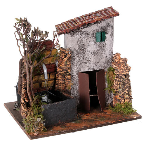 Fuente a la derecha belén 10-12 cm napolitano con casita ambientación 15x20x15 cm 3