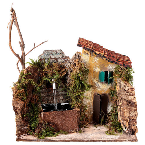 Fontana a destra presepe 10-12 cm napoletano con casetta ambientazione 15x20x15 cm 1
