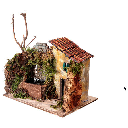 Fontana a destra presepe 10-12 cm napoletano con casetta ambientazione 15x20x15 cm 2