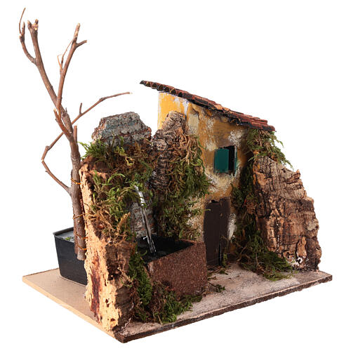 Fontana a destra presepe 10-12 cm napoletano con casetta ambientazione 15x20x15 cm 3