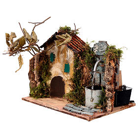 Fountain with house on the left 10-12 cm Neapolitan nativity, 15x20x15 cm