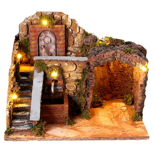 Setting with cave, fountain, staircase and door for 12 cm Neapolitan Nativity Scene, 25x30x20 cm 1