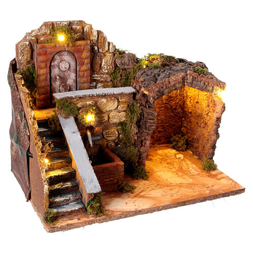 Setting with cave, fountain, staircase and door for 12 cm Neapolitan Nativity Scene, 25x30x20 cm 4