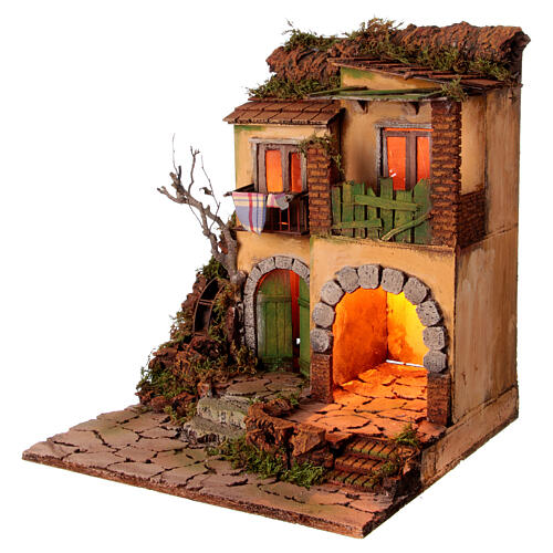 Dorfkulisse – neapolitanischer Stil des 18 Jahrhunderts, mit Wassermühle und Stall, für 10 cm Krippe, 45 × 40 × 40 cm 3