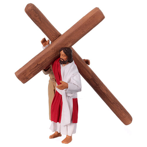 Jesus mit dem Kreuz und Simon von Cyrene, 2-teilig, neapolitanischer Stil, Terrakotta, für 13 cm Krippe 3