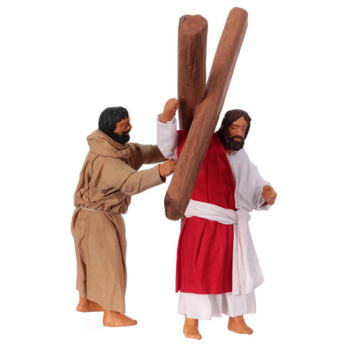 Jesus carrying the cross with Simone of Cyrene for 13 cm Neapolitan Easter Creche, set of 2 terracotta figurines 1