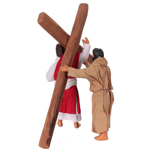 Jezus niesie krzyż i Cyrenejczyk, szopka wielkanocna z Neapolu 13 cm, terakota, 2 części 7