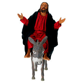 Jesus on a donkey, entering Jesuralem, terracotta statue for Neapolitan Easter Creche of 30 cm