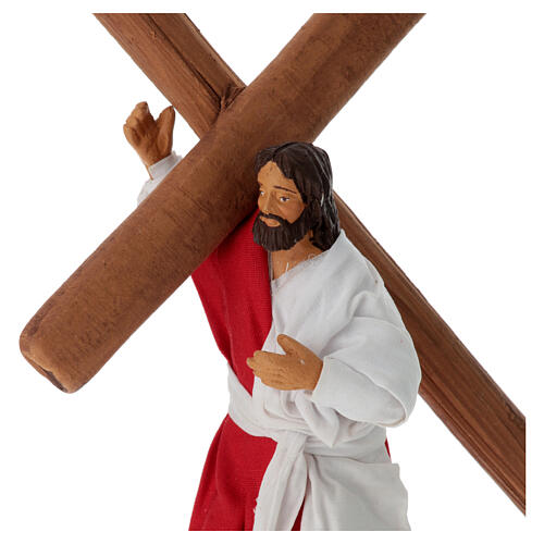 Jesus trägt das Kreuz auf dem Kalvarienberg, Krippenfigur, neapolitanischer Stil, Terrakotta, für 13 cm Krippe 2