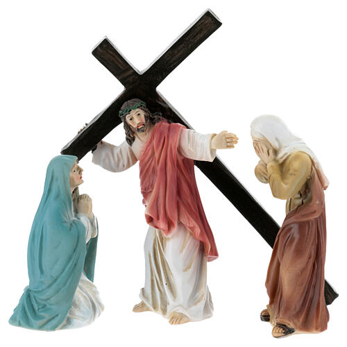 Jesus carrying the cross and the three Marys, set for 9 cm resin Easter Creche 3