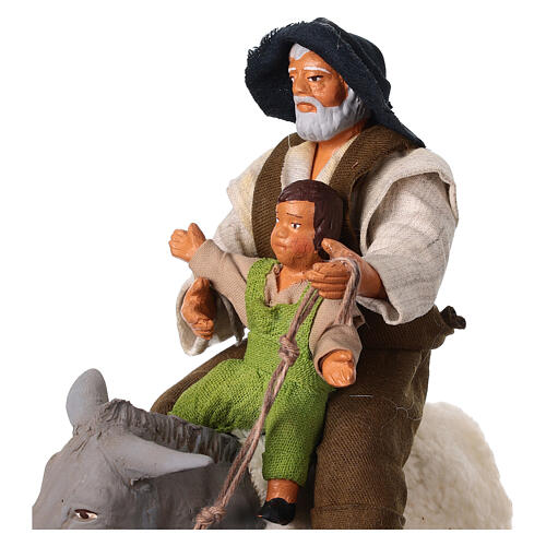 Père et fils sur âne crèche napolitaine 13 cm 2