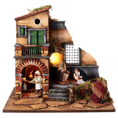 Illuminated house with oven and Nativity for 10 cm Neapolitan Nativity Scene, 40x30x37 cm 1