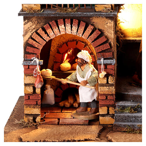 Illuminated house with oven and Nativity for 10 cm Neapolitan Nativity Scene, 40x30x37 cm 4