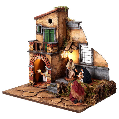 Domek oświetlony 40x30x37 cm z piecem i Świętą Rodziną 10 cm, szopka neapolitańska 3
