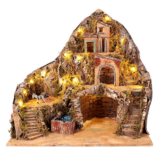 Illuminated village with waterfall and mill with animated donkey for 10 cm Neapolitan Nativity Scene, 60x40x60 cm 1