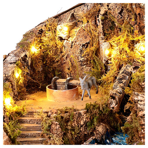 Illuminated village with waterfall and mill with animated donkey for 10 cm Neapolitan Nativity Scene, 60x40x60 cm 2