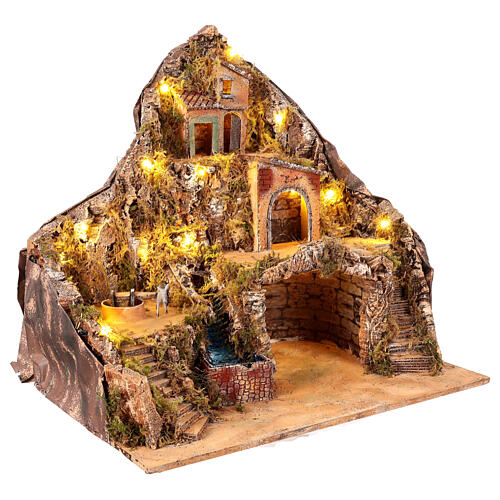 Borgo illuminato cascata mulino asino in movimento 60x40x60 cm presepe napoletano 10 cm 3