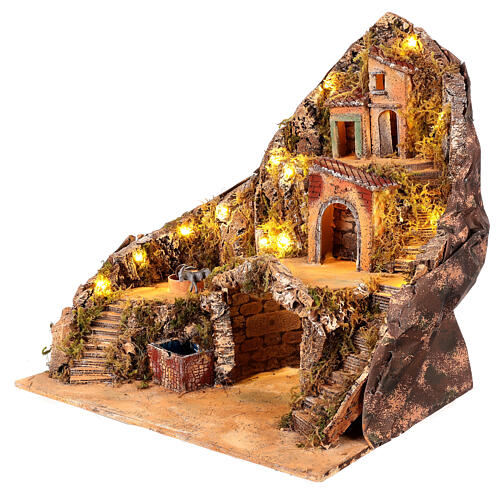 Borgo illuminato cascata mulino asino in movimento 60x40x60 cm presepe napoletano 10 cm 5