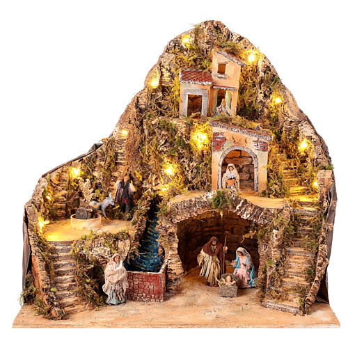 Neapolitan Nativity Scene of 10 cm, 60x40x60 cm, animated and illuminated setting with brook 1