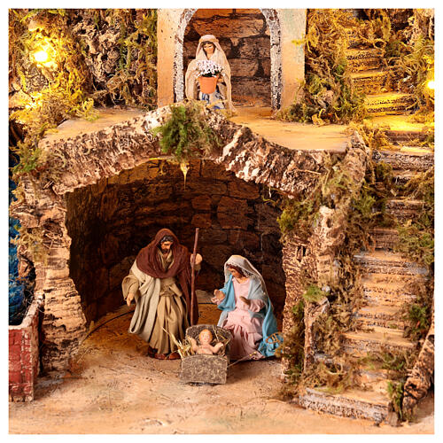 Neapolitan Nativity Scene of 10 cm, 60x40x60 cm, animated and illuminated setting with brook 2