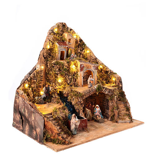 Neapolitan Nativity Scene of 10 cm, 60x40x60 cm, animated and illuminated setting with brook 3