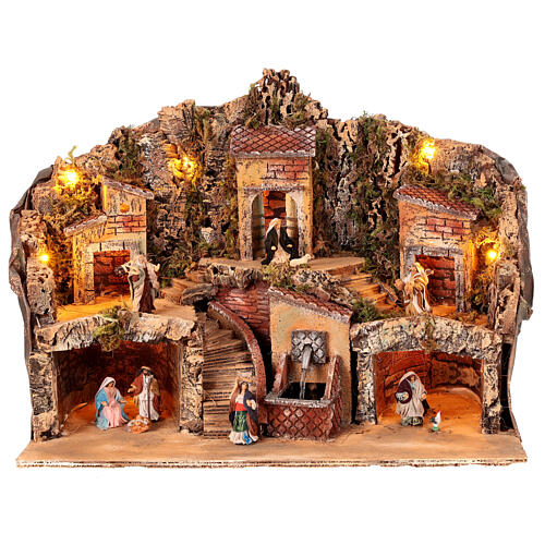 Illuminated Neapolitan Nativity Scene with fountain, 50x30x40 cm, figurines of 8 cm 1