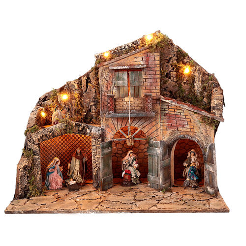 Illuminated house with basket in motion, 30x60x50 cm, Neapolitan Nativity Scene of 12 cm 1