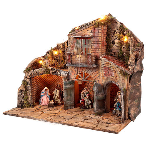 Ambientazione illuminata casa cesto in movimento 30x60x50 cm Presepe Napoletano 12 cm 3