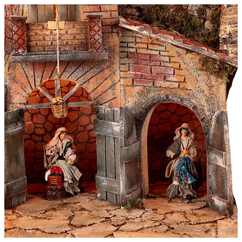 Oświetlona scenografia z domem z cegły i ruchomym koszem 30×60×50 cm, szopka neapolitańska, figurki 12 cm 4