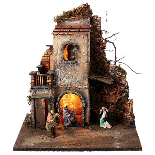 Illuminated Neapolitan Nativity Scene for 8 cm characters, 2/6 block, 35x35x35 cm 1