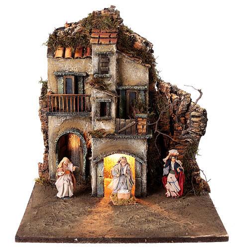 Neapolitan Nativity Scene of 8 cm with lights, 3/6 block, 35x35x37 cm 1