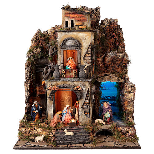 Neapolitan Nativity Scene Marechiaro for 12 cm figurines with electric lights, 50x60x74 cm 1