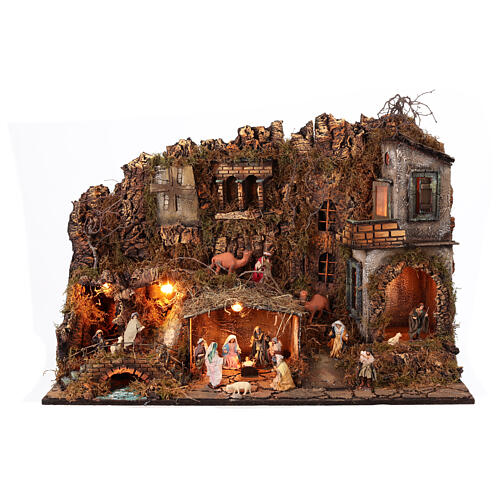 Illuminated village with animated mill for 8 cm Neapolitan Nativity Scene, 80x35x55 cm 1