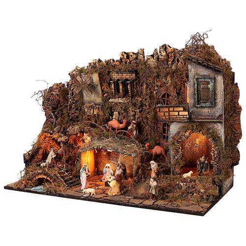 Illuminated village with animated mill for 8 cm Neapolitan Nativity Scene, 80x35x55 cm 6