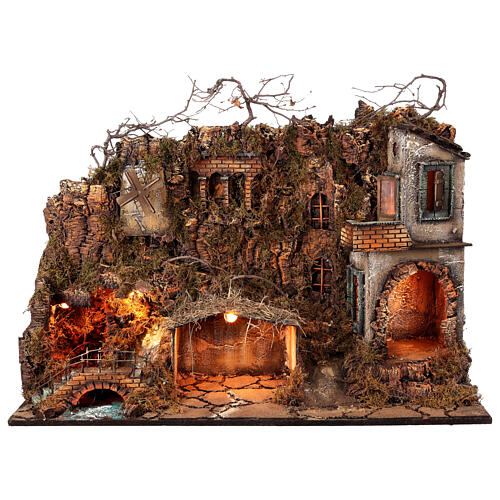 Illuminated village with animated mill for 8 cm Neapolitan Nativity Scene, 80x35x55 cm 9