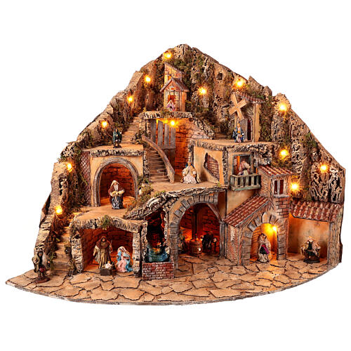 Corner village with lights, animated mill and fountain for 10 cm Neapolitan Nativity Scene, 70x95x75 cm 1