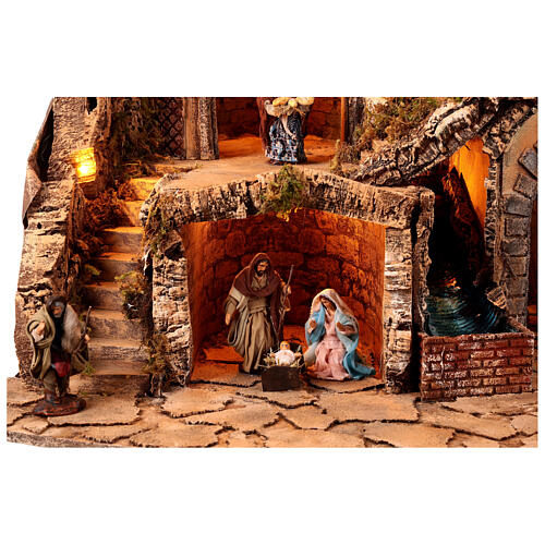 Corner village with lights, animated mill and fountain for 10 cm Neapolitan Nativity Scene, 70x95x75 cm 2